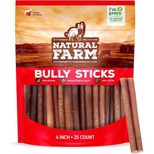 imageNatural Farm Bully Sticks OdorFree 12 Inch 5 Count 88 Oz Per Bag 100 Beef Chews GrassFed NonGMO Fully Digestible Dental Treats to Keep Your Small and Medium Dogs Busy and Happy4 Bully Stick 25 Units