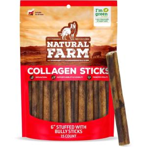 imageNatural Farm Bully Sticks Stuffed Collagen Sticks for Dogs 45 Inch 10Pack RawhideFree Natural Dog Chews Long Lasting Small Medium and Large Dogs Great Rawhide AlternativeFilled Bully  6Inch 15Pack