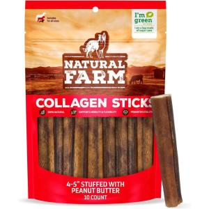 imageNatural Farm Bully Sticks Stuffed Collagen Sticks for Dogs 45 Inch 10Pack RawhideFree Natural Dog Chews Long Lasting Small Medium and Large Dogs Great Rawhide AlternativeFilled Peanut Butter  45Inch 10Pack
