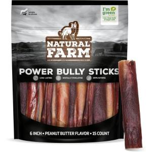 imageNatural Farm Power Bully Sticks Peanut Flavor Dog Chews 6 5Pack 2in1 Power Chews Premium Beef Cheek Wrapped in Beef Pizzle with Enticing Peanut Butter Flavor Double Chewing TimeBeef