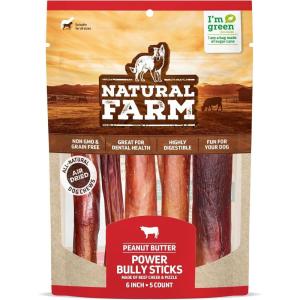 imageNatural Farm Power Bully Sticks Peanut Flavor Dog Chews 6 5Pack 2in1 Power Chews Premium Beef Cheek Wrapped in Beef Pizzle with Enticing Peanut Butter Flavor Double Chewing TimePeanut Flavor