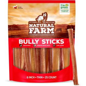 imageNatural Farm Thin Bully Sticks 6 Inch 25 Pack Natural Dog Dental Treats GrainFree PreservativeFree LowFat ampamp Fully Digestible  Best for Small Senior or Light Chewers